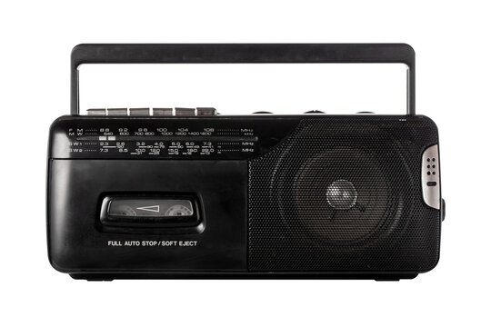 Vintage retro portable radio cassette recorder isolated on white background.