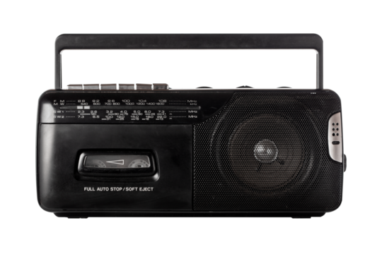 Vintage retro portable radio cassette recorder isolated on white background.