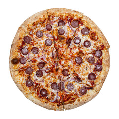 Fresh tasty pizza with sausages, cheese, onion and tomato sauce isolated on white background. Top view