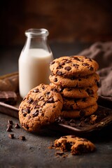 Fototapeta premium Warm, freshly baked chocolate chip cookies are arranged on a tray next to a glass of milk. The rustic background adds charm, perfect for a comforting snack moment