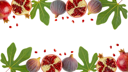 Top and bottom border frame of fresh figs, pomegranate halves, seeds, and fig leaves on transparent background for Rosh Hashanah, Mediterranean cuisine designs, or organic product packaging