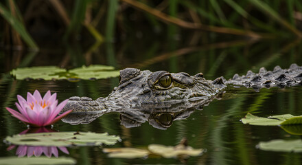 Intriguing crocodile swimming near a vibrant pink water lily in the tranquil swamp waterscape