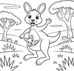 Happy kangaroo and joey in pouch waving hello baby animal