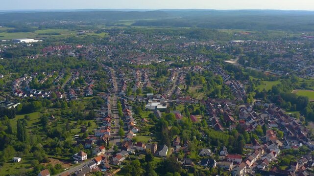 Aerial view around the city Bexbach in Germany on a sunny spring day.