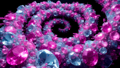 gorgeous complex spiral of diamonds and gemstones unwinding, top view