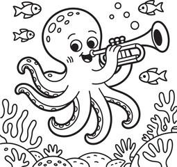 Happy octopus playing trumpet surrounded by fish and coral music