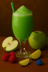 A glass of a green apply slushy