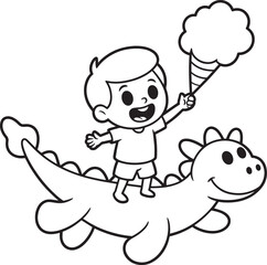 Joyful boy riding friendly dinosaur holding cotton candy happy