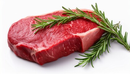 fresh raw beef steak with rosemary on a white background