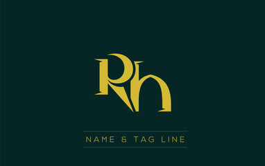 RH logo design. A sophisticated, minimalistic logo design featuring golden stylized typography,  perfect for branding concepts emphasizing luxury, professionalism, and contemporary aesthetics.