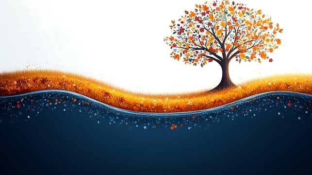 Autumn tree on a grassy hill with a dark background