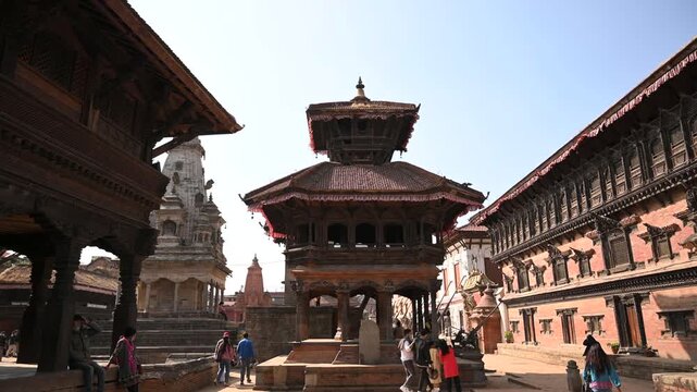 Nepal Bhaktapur Durbar Square Rameshwar Temple Stabilizer Forward 50fps World Heritage Site Kathmandu Valley