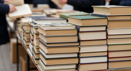 High stacks of books displayed for sale.