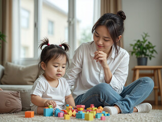 A young child and woman play together with colorful building blocks on a carpeted floor, dressed in matching white shirts. Great for parenting blogs and educational toy content