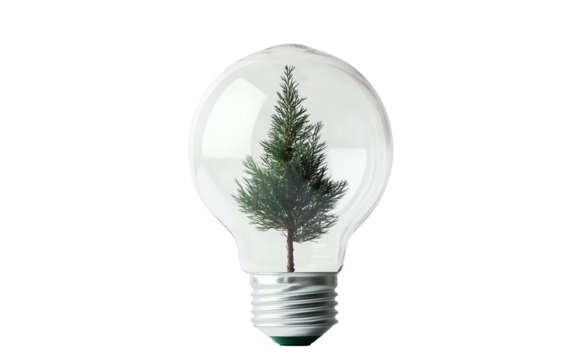 Creative concept of a clear light bulb with a tiny tree representing green energy and nature isolated on transparent background PNG