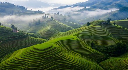 Naklejka premium Lush green terraced rice paddies stretch across a misty mountain landscape.