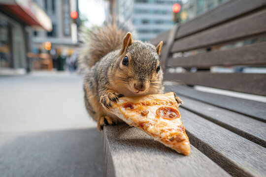 Chubby squirrel struggles to carry a slice of pizza in the city during daytime - Powered by Adobe