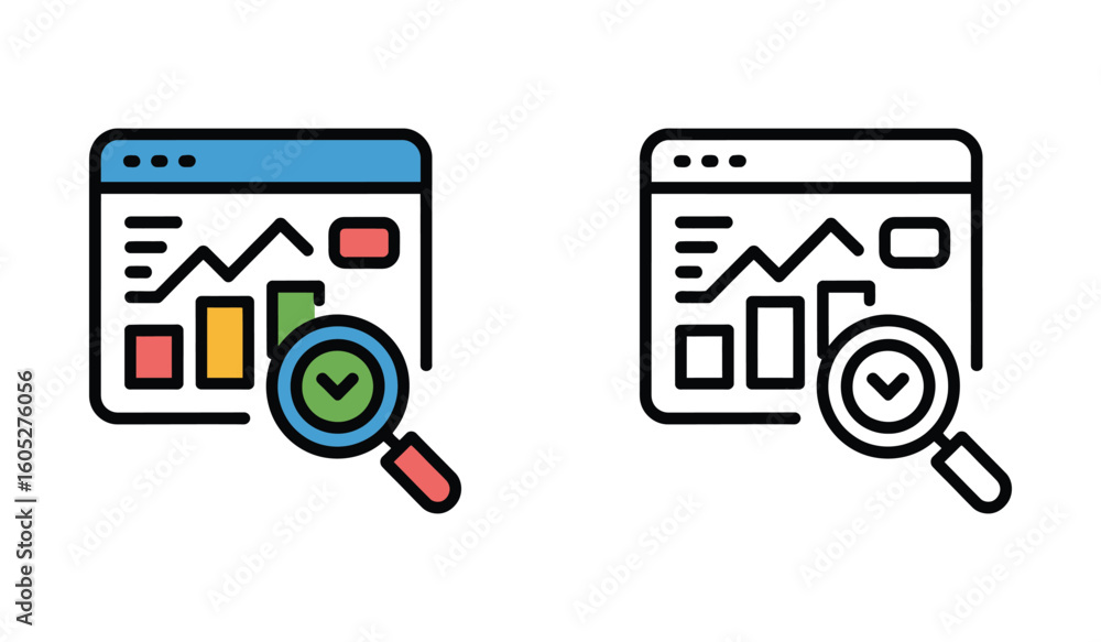Poster data analytics visualization and verification with magnifying glass, graph, and dashboard representa