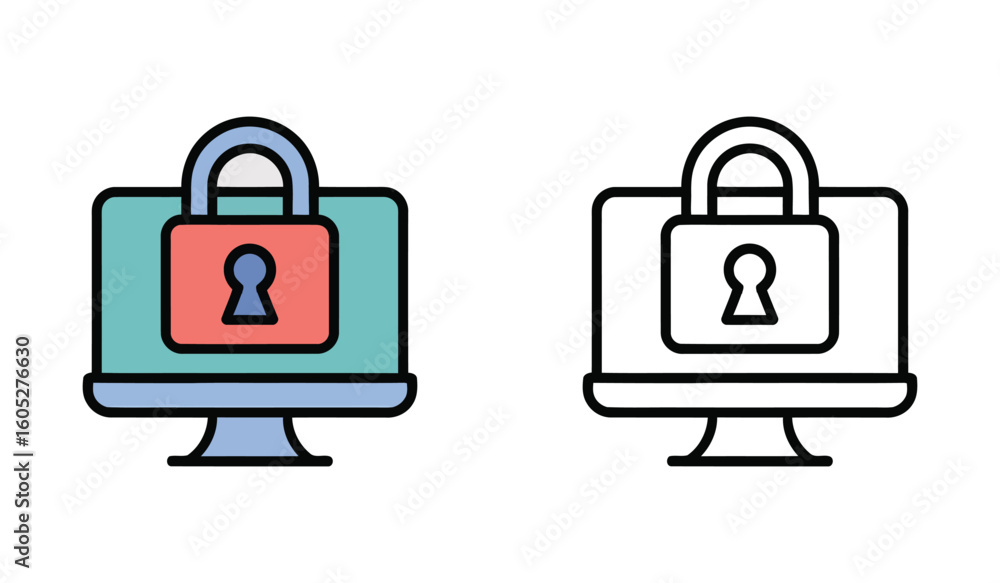 Poster desktop computer security icons flat and line style data encryption and cybersecurity