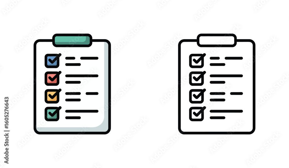 Poster checklist clipboard task management and to do list in color and line art