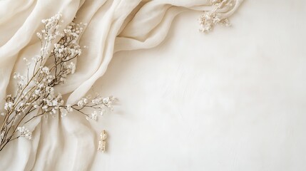 Soft, pale beige fabric draped with dried flowers