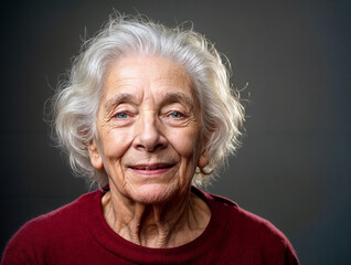 Vibrant elderly woman with white hair stands confidently in red sweater against dark gray background. Perfect for age-positive campaigns and portrait photography.