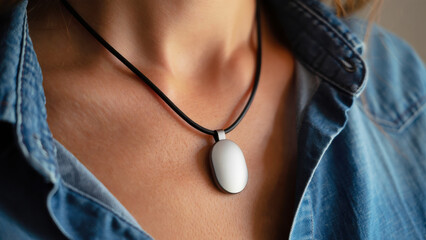 Smart pendant worn by woman, neck-worn wearable device for wellness tracking and digital interaction, minimalist health tech accessory