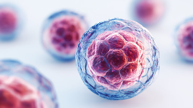 Early stage embryo sphere in a glasslike shell on soft white space, representing IVF treatment, prenatal diagnostics and hopeful new life beginnings.
