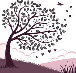 Floral vector illustration featuring an ornate tree with birds, seamless pattern design with 
