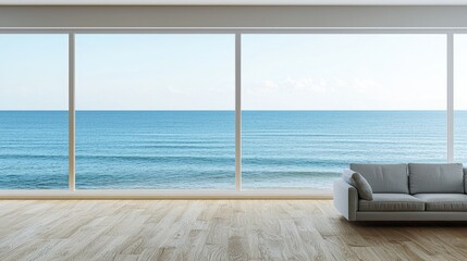 Spacious room with ocean views and a light gray couch.
