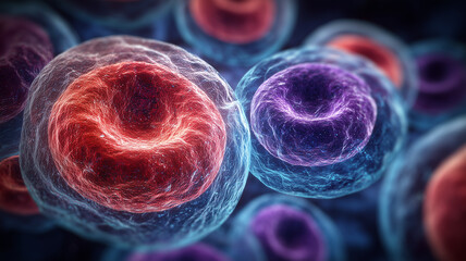 Macro view of vibrant human cells with swirling fibers inside translucent membranes in red and violet hues.