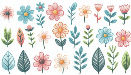 Colorful hand-drawn style flowers and leaves.