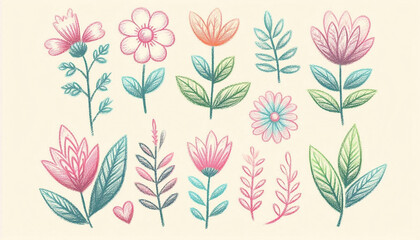 Colorful hand-drawn style flowers and leaves.