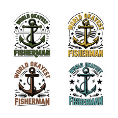 Fototapeta premium Four fisherman anchor emblems with fish bones fishing
