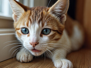 An adorable white and orange kitten with striking blue eyes rests peacefully on wooden surface near window. Perfect for pet product marketing and heartwarming animal content.