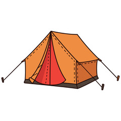 Orange camping tent with stakes and ropes on a white background. Vector illustration