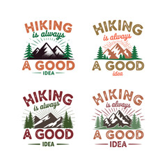 Obraz premium Four vintage style hiking adventure emblems with mountains and trees