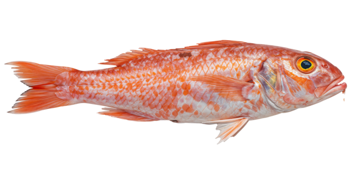 Striped Red Mullet (Mullus surmuletus) PNG, transparent background, red and white scales.