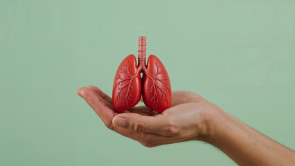 healthy red lung model cradled in a man's gentle hands on a soft pastel green background, symbolizing family life insurance, observed on significant days like World Heart Day and World Health Day,