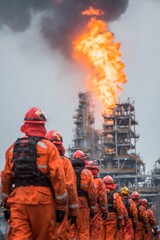 Obraz premium Brave firefighters in protective gear march towards a large industrial structure engulfed in flames, showcasing their commitment to safety and emergency response amid a hazardous environment