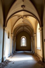An empty, abandoned corridor with a vaulted ceiling and a single window letting in light.