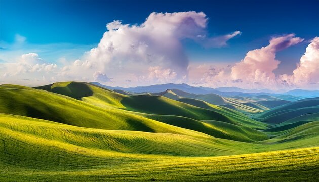 a vibrant stylized landscape of rolling hills and clouds