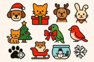 Fototapeta premium Set of Christmas Pet Icons in Flat Vector Style