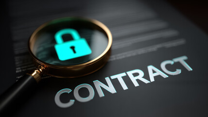 Magnifying glass over the word contract with a padlock icon highlights secure agreements and meticulous legal review.