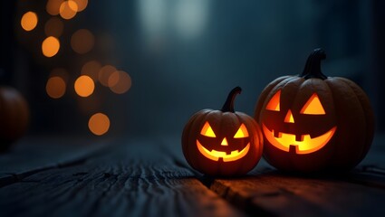 Glowing carved pumpkins on wooden surface halloween jack-o-lantern