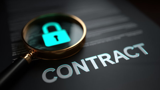 Magnifying glass over the word contract with a padlock icon highlights secure agreements and meticulous legal review.