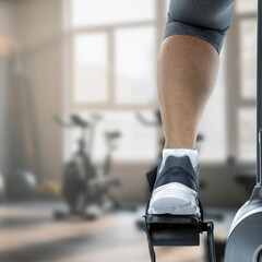 Close up of young woman working out on a stationary exercise bike in a modern gym. 