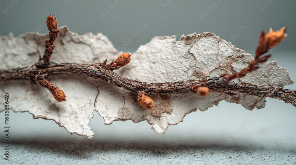 Poster unique dry branch with textured bark and buds resting on a light surface
