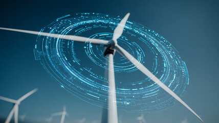 Wind Turbine Encircled by Digital Interface Illustrates Intelligent Renewable Energy Analytics for Optimised Power Generation.