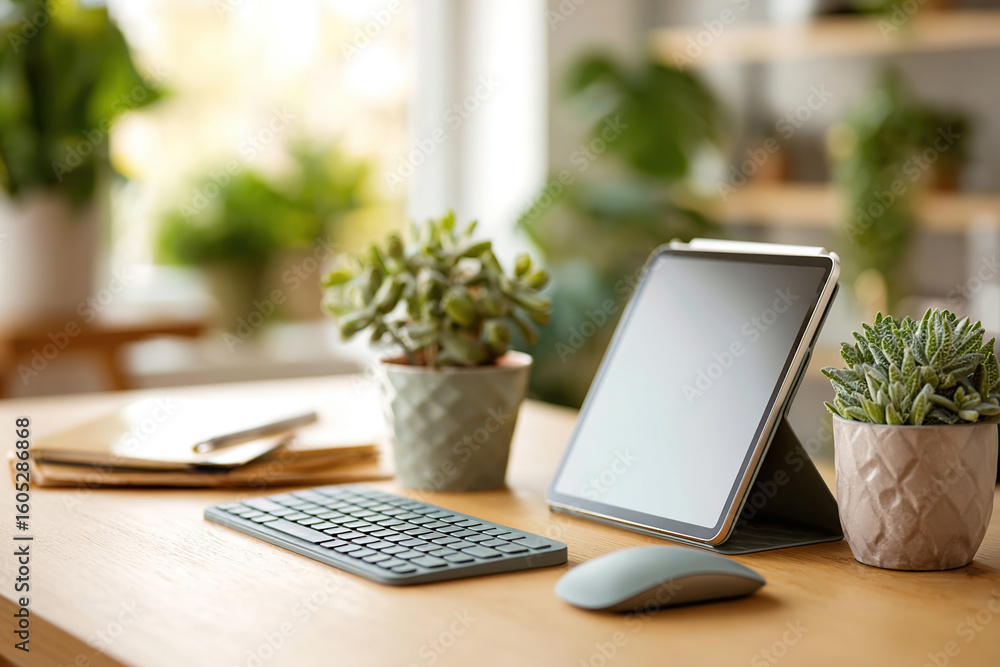 Poster minimalist desktop setup with wireless keyboard and tablet in bright, plant-filled workspace